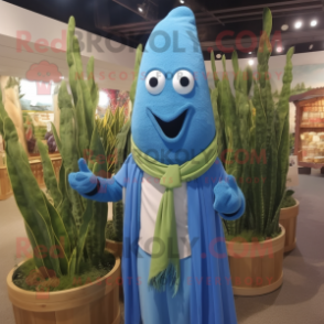 Blue Asparagus mascot costume character dressed with a Henley Shirt and Shawl pins