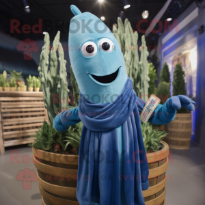 Blue Asparagus mascot costume character dressed with a Henley Shirt and Shawl pins