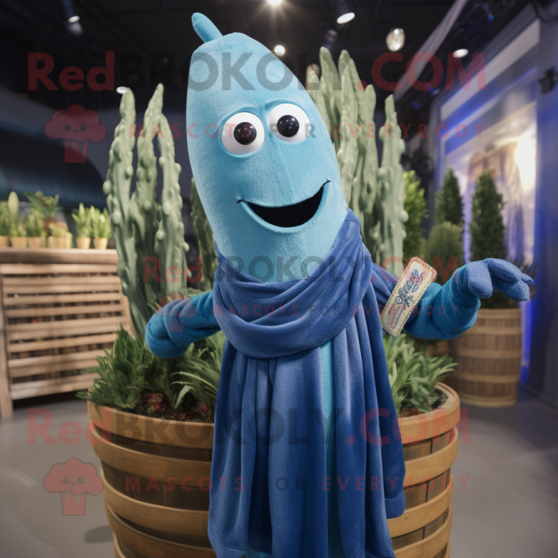Blue Asparagus mascot costume character dressed with a Henley Shirt and Shawl pins Blue Asparagus mascot costume character dressed with a Henley Shirt and Shawl pins