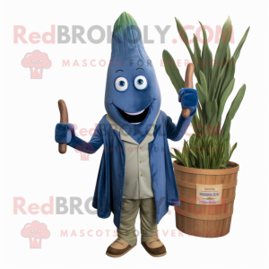 Blue Asparagus mascot costume character dressed with a Henley Shirt and Shawl pins