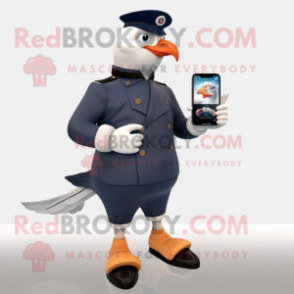 Navy Pigeon mascot costume character dressed with a Leggings and Smartwatches