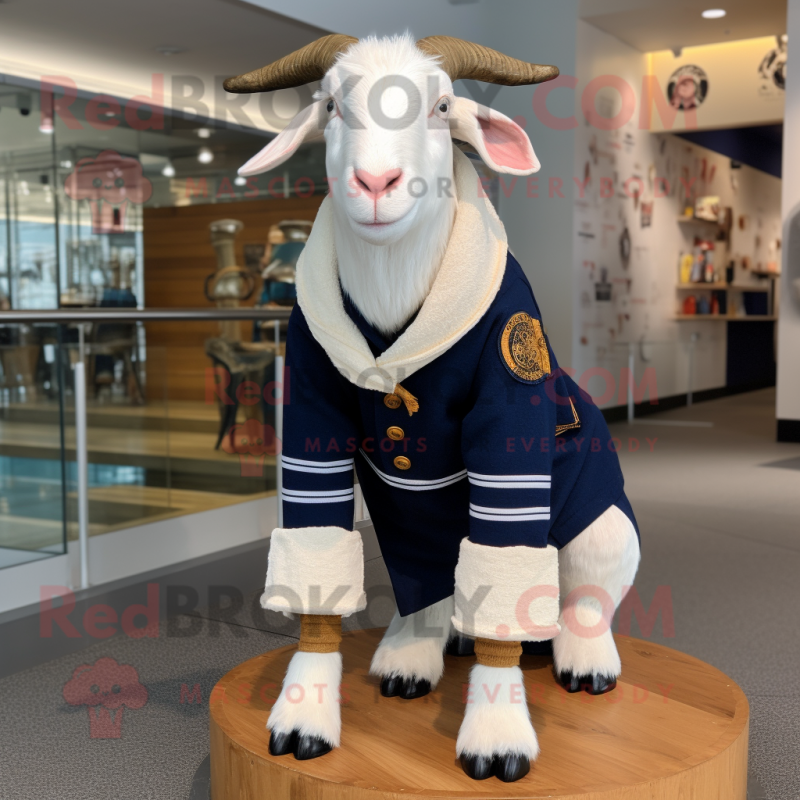 Navy Boer Goat mascot costume character dressed with a Sweater and Shoe laces Navy Boer Goat mascot costume character dressed with a Sweater and Shoe laces