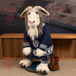 Navy Boer Goat mascot costume character dressed with a Sweater and Shoe laces