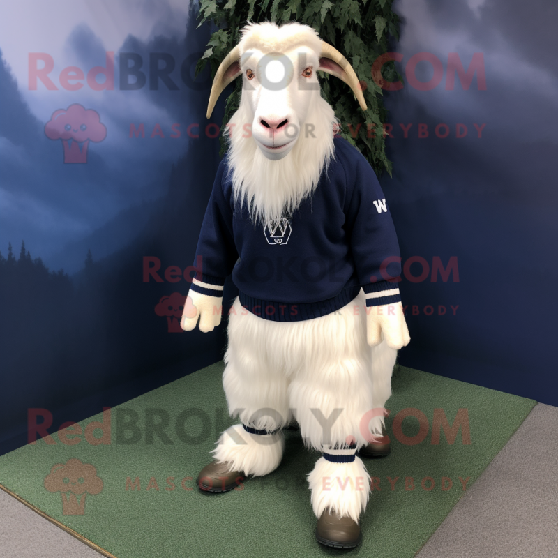 Navy Boer Goat mascot costume character dressed with a Sweater and Shoe laces Navy Boer Goat mascot costume character dressed with a Sweater and Shoe laces