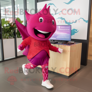 Magenta Stingray mascot costume character dressed with a Running Shorts and Foot pads