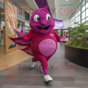 Magenta Stingray mascot costume character dressed with a Running Shorts and Foot pads