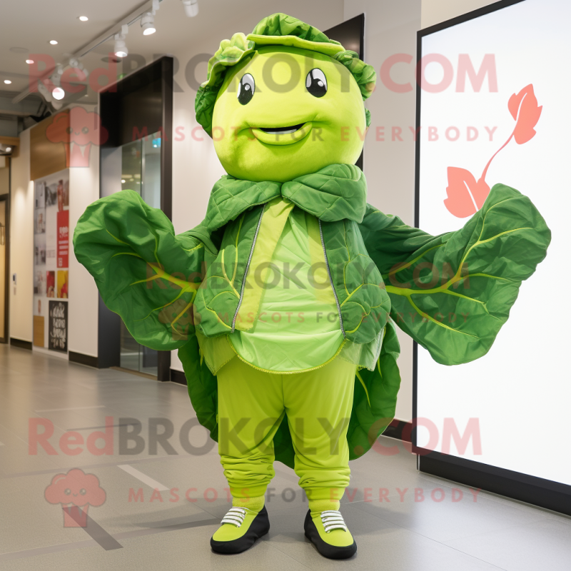 Lime Green Cabbage Leaf mascot costume character dressed with a Overalls and Scarves Lime Green Cabbage Leaf mascot costume character dressed with a Overalls and Scarves
