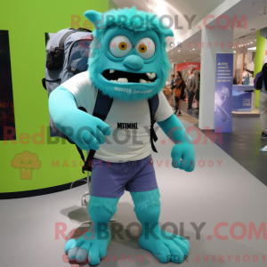 Maskotfigur af et cyan...