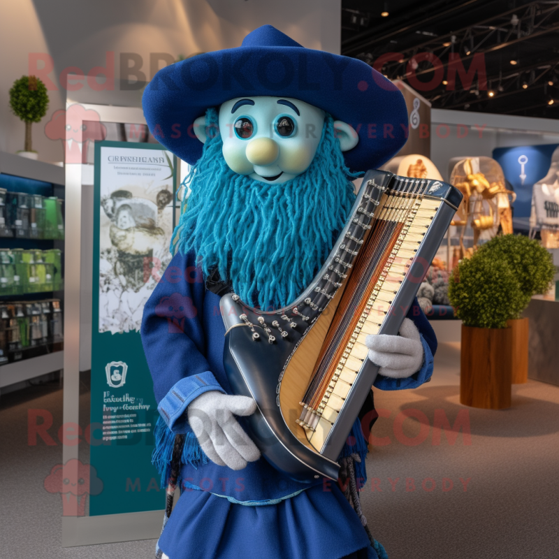 Blue Celtic Harp mascot costume character dressed with a Polo Tee and Hat pins Blue Celtic Harp mascot costume character dressed with a Polo Tee and Hat pins