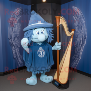 Blue Celtic Harp mascot costume character dressed with a Polo Tee and Hat pins