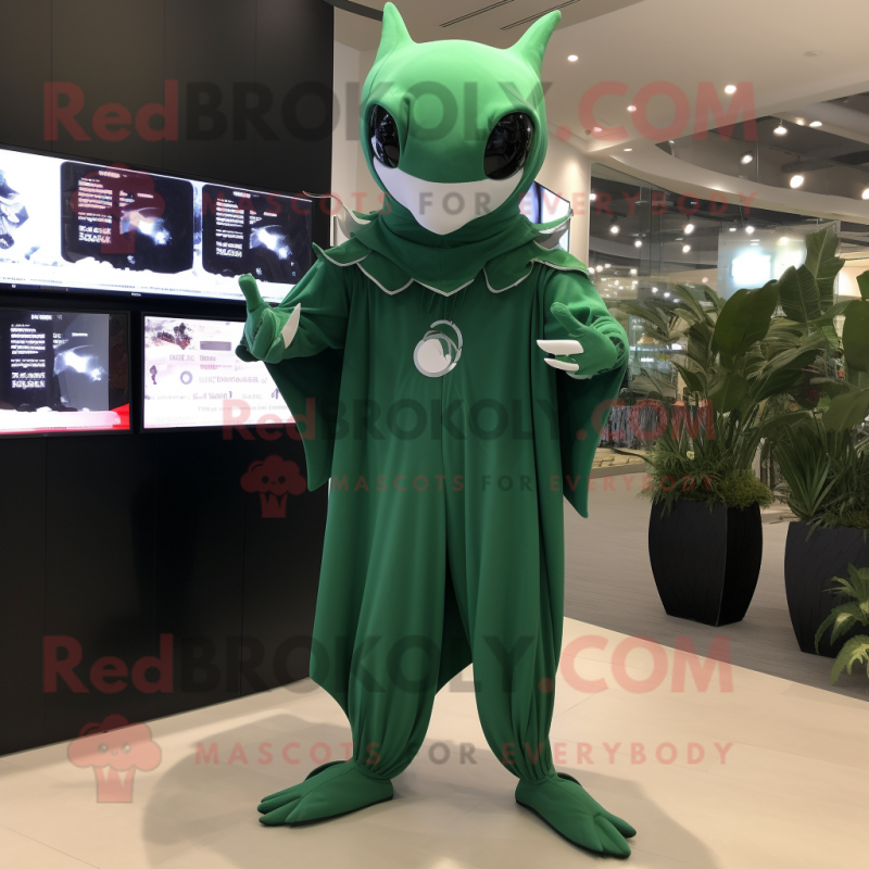 Forest Green Manta Ray mascot costume character dressed with a Jumpsuit and Digital watches