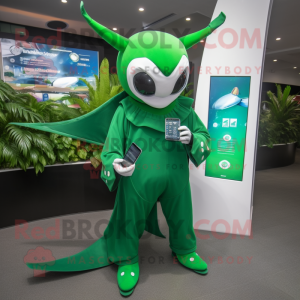 Forest Green Manta Ray mascot costume character dressed with a Jumpsuit and Digital watches