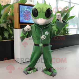 Forest Green Manta Ray mascot costume character dressed with a Jumpsuit and Digital watches