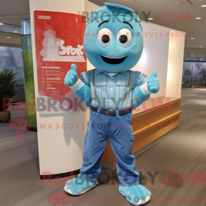 Maskotkarakter af en cyan...