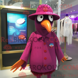 Maskotfigur af en magenta...