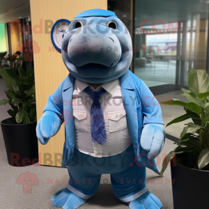 Cyan Walrus mascot costume character dressed with a Button-Up Shirt and Ties