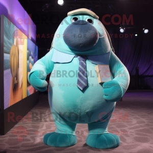 Cyan Walrus mascot costume character dressed with a Button-Up Shirt and Ties