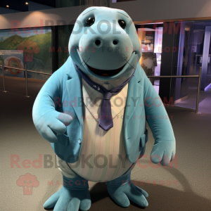 Cyan Walrus mascot costume character dressed with a Button-Up Shirt and Ties