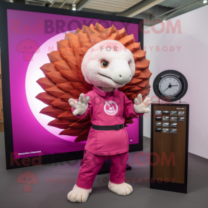 Magenta Pangolin mascot costume character dressed with a Poplin Shirt and Watches