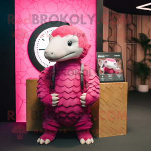 Magenta Pangolin mascot costume character dressed with a Poplin Shirt and Watches