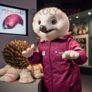 Magenta Pangolin mascot costume character dressed with a Poplin Shirt and Watches