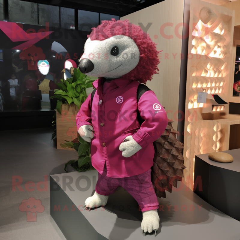 Magenta Pangolin mascot costume character dressed with a Poplin Shirt and Watches