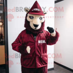 Maroon Llama mascot costume character dressed with a Windbreaker and Berets