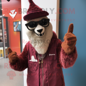 Maroon Llama mascot costume character dressed with a Windbreaker and Berets