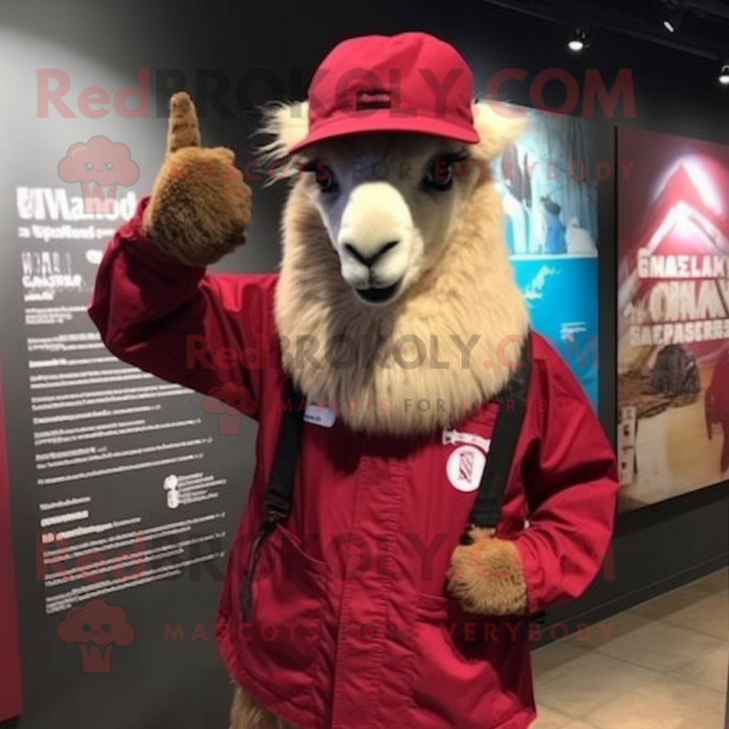 Maroon Llama mascot costume character dressed with a Windbreaker and Berets Maroon Llama mascot costume character dressed with a Windbreaker and Berets