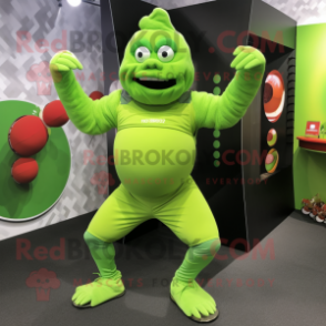 Lime Green Contortionist mascot costume character dressed with a Running Shorts and Cummerbunds