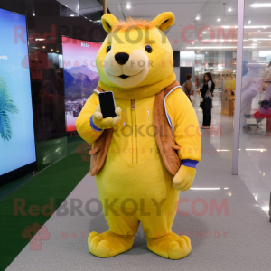 Lemon Yellow Capybara mascot costume character dressed with a Flare Jeans and Digital watches