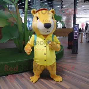 Lemon Yellow Capybara mascot costume character dressed with a Flare Jeans and Digital watches