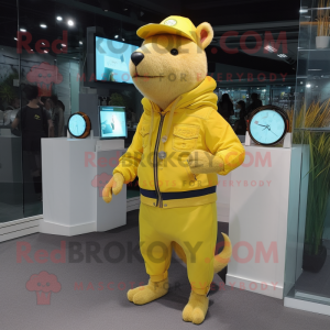 Lemon Yellow Capybara mascot costume character dressed with a Flare Jeans and Digital watches