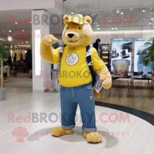 Lemon Yellow Capybara mascot costume character dressed with a Flare Jeans and Digital watches