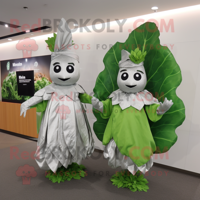Silver Spinach mascot costume character dressed with a Dress and Cummerbunds Silver Spinach mascot costume character dressed with a Dress and Cummerbunds