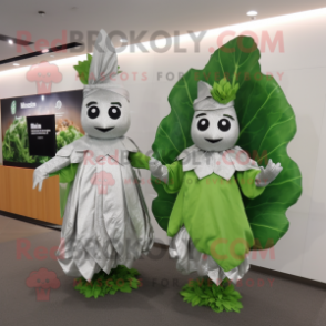 Silver Spinach mascot costume character dressed with a Dress and Cummerbunds