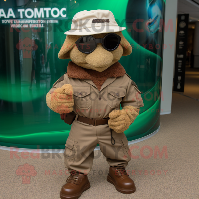 Brown Marine Recon mascot costume character dressed with a Polo Shirt and Hats