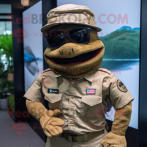 Brown Marine Recon mascot costume character dressed with a Polo Shirt and Hats