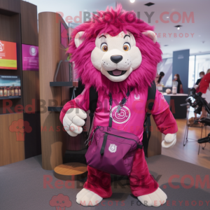 Maskotfigur af en magenta...