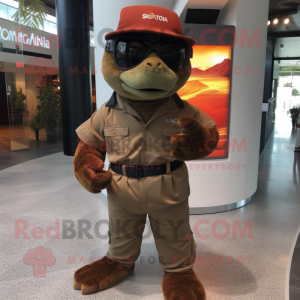 Brown Marine Recon mascot costume character dressed with a Polo Shirt and Hats