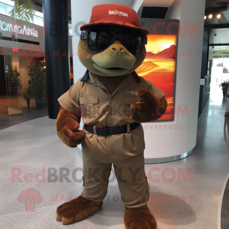Brown Marine Recon mascot costume character dressed with a Polo Shirt and Hats Brown Marine Recon mascot costume character dressed with a Polo Shirt and Hats