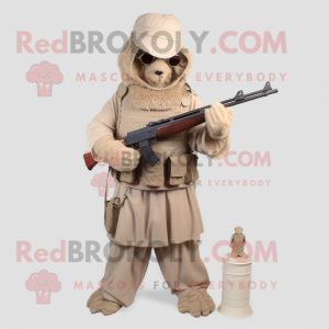 Beige Sniper mascot costume character dressed with a Empire Waist Dress and Cummerbunds