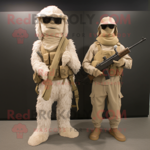 Beige Sniper mascot costume character dressed with a Empire Waist Dress and Cummerbunds