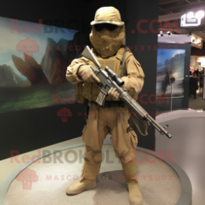 Beige Sniper mascot costume character dressed with a Empire Waist Dress and Cummerbunds