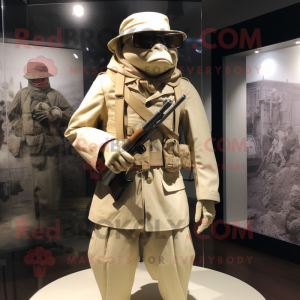 Beige Sniper mascot costume character dressed with a Empire Waist Dress and Cummerbunds