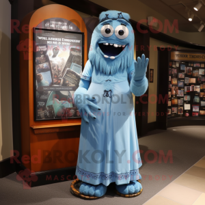 Blue Frankenstein'S Monster mascot costume character dressed with a Maxi Dress and Pocket squares