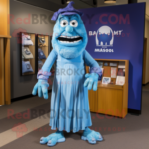 Blue Frankenstein'S Monster mascot costume character dressed with a Maxi Dress and Pocket squares