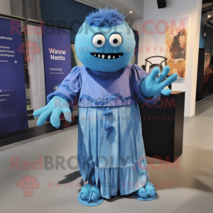 Blue Frankenstein'S Monster mascot costume character dressed with a Maxi Dress and Pocket squares