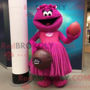 Maskotfigur af en magenta...