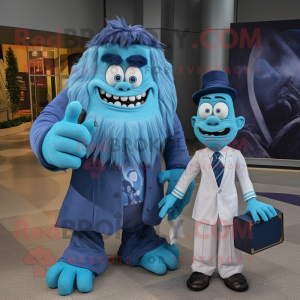 Blue Frankenstein'S Monster mascot costume character dressed with a Maxi Dress and Pocket squares